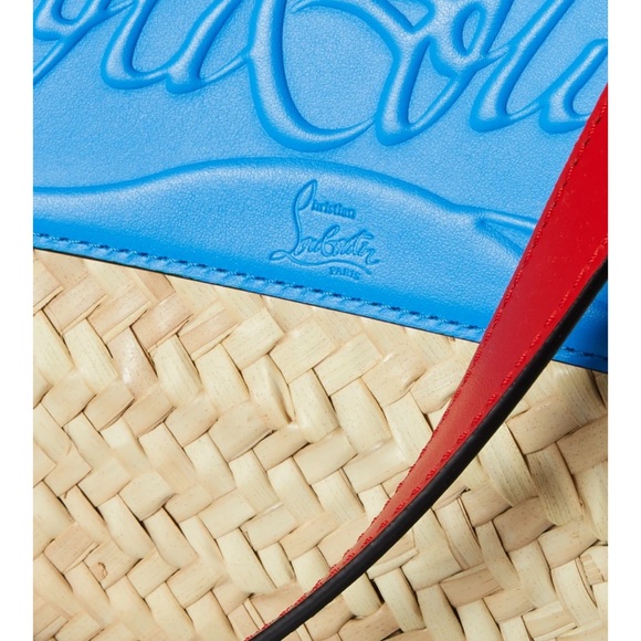 CHRISTIAN LOUBOUTIN Loubishore Woven Embossed Leather Blue Straw Tote Bag - Picture 2 of 7